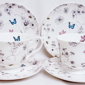 Secret Garden Tea Coffee 4 Cups and 4 Saucers Set Fine Bone China Flowers Butterflies and Bees Hand Decorated in UK