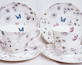 Secret Garden Tea Coffee 4 Cups and 4 Saucers Set Fine Bone China Flowers Butterflies and Bees Hand Decorated in UK