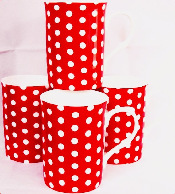 Red Dots Mugs Set of Fine Bone China 300 Ml Spotty Cups Hand