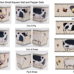 May include: Farm Yard Collection small square salt and pepper sets. Each set features a different farm animal: chicken, cow, pig, or sheep. The sets are decorated with illustrations of the animals and the words "Chicken & Cow", "Cow & Pig", "Chicken & Pig", "Cow & Sheep", "Chicken & Sheep", and "Pig & Sheep".