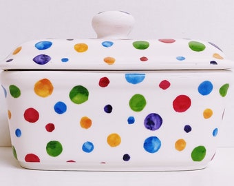 Polka Dots Painted Effect Butterdose Fine Bone China Mehrfarbiger fleckiger Deckelbehälter Hand verziert in Großbritannien