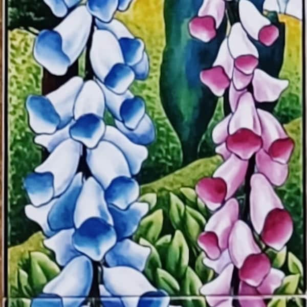 Foxglove Ceramic Tile Mural Blue & Pink Flowers Floral Decorative 5 Tiles 15x15 cm Fireplace Backsplash Hand Decorated UK