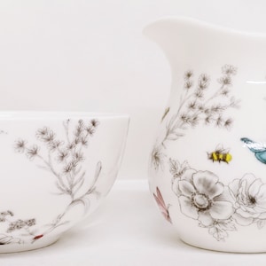 Secret Garden room-/melkkan en suikerpot fijn porselein bloemen vlinders bijen bijpassende set met de hand gedecoreerd in het VK