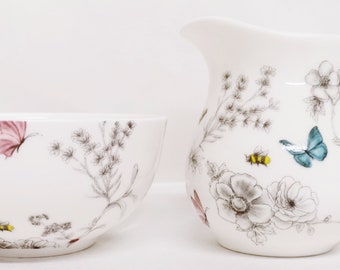 Secret Garden Cream/Milk Jug and Sugar Bowl Fine Bone China Flowers Butterflies Bees Matching Set Hand Decorated in UK