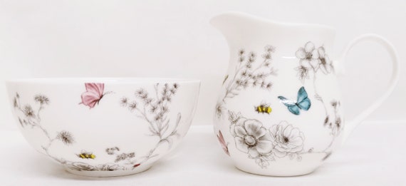 Secret Garden Cream/Milk Jug and Sugar Bowl Fine Bone China Flowers Butterflies Bees Matching Set Hand Decorated in UK