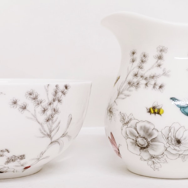 Secret Garden Cream/Milk Jug and Sugar Bowl Fine Bone China Flowers Butterflies Bees Matching Set Hand Decorated in UK