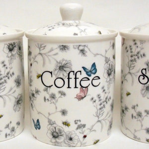 Secret Garden Tea Coffee Sugar Fine Bone China Canisters Flowers Butterflies Bees Jars Hand Decorated UK