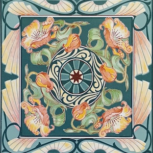 May include: Square ceramic tile with a floral design. The tile features orange and yellow flowers with green leaves against a teal background. The design includes a central circular motif and decorative borders, showcasing an Art Nouveau style.