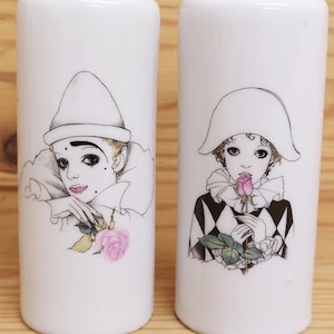 Pierrot & Harlequin Salt Pepper Round Cruet Set Porcelain Ceramic Clowns Pots Hand Decorated UK