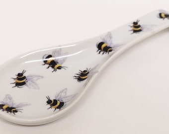 Bees Spoon Rest Small 19.5cm Ceramic Porcelain Multi Bumble Bees Spoon Teabag Tidy Hand Decorated UK