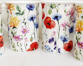 Wildflowers Meadow Mugs Set of 4 Fine Bone China Colourful Flowers Hand Decorated in UK
