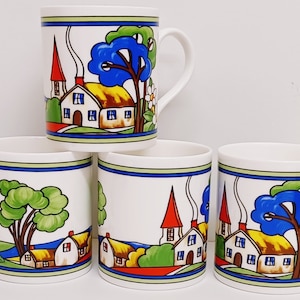 Village Art Deco Mugs Set of 4 Fine Bone China Large Balmoral 14fl oz 400 ml Exclusive Countryside Cups