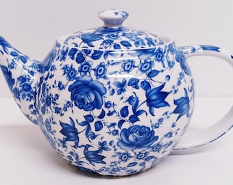 Delft Blue Teapot Porcelain 20 fl oz 600ml Blue Floral Hand Decorated UK