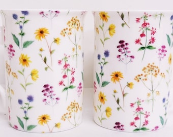 Meadow Flowers Mugs Set of 2 Fine Bone China Multicolour Floral 300ml Windsor Cups Hand Decorated UK