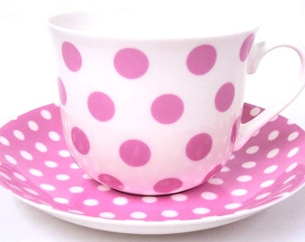 Pink Dots & Spots Cup and Saucer Fine Bone China Flowers Butterflies Bees Breakfast Large Cup Saucer Set