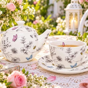 Servizio da tè "Giardino Segreto" per una persona, in porcellana vetrificata, composto da una teiera piccola da 400 ml, una tazza da 200 ml e un piattino decorati a mano con fiori, farfalle e api. Prodotto nel Regno Unito.