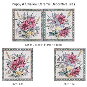 May include: Ceramic decorative tiles with floral and bird motifs. The tiles display pink poppies, white daisies, and a yellow bird. The set includes a floral tile and a bird tile, each with a decorative border.