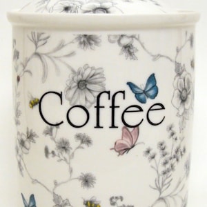 Secret Garden Coffee Canister Fine Bone China Flowers Butterflies Bees Airtight Jar Hand Decorated UK