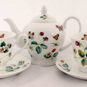 Strawberries and Butterflies Tea Set for Two Fine Bone China Teapot & 2 Cups and Saucers