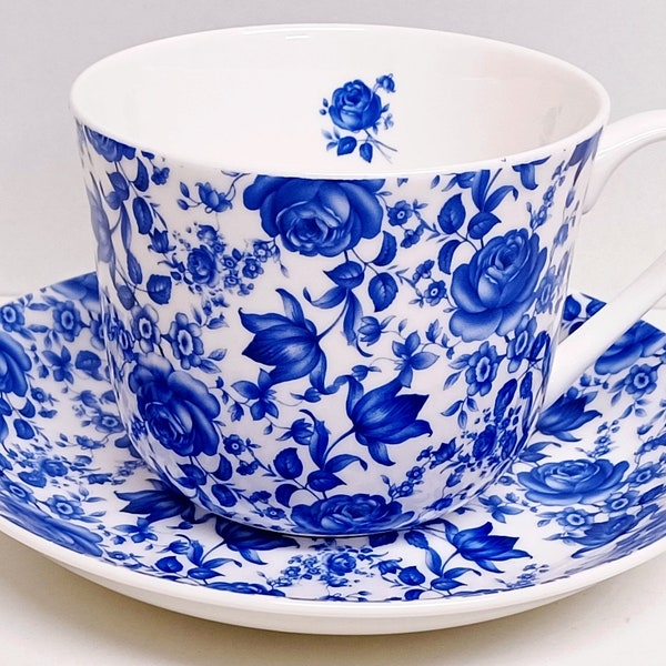 Delft Blue Cup & Saucer Jumbo Breakfast Fine Bone China Blue Flowers Floral Set Hand Decorated UK