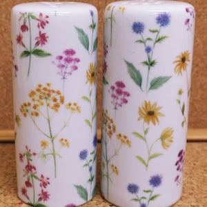 Meadow Flowers Salt & Pepper Round Set Ceramic Porcelain Multi Bright Floral Hand Decorated UK