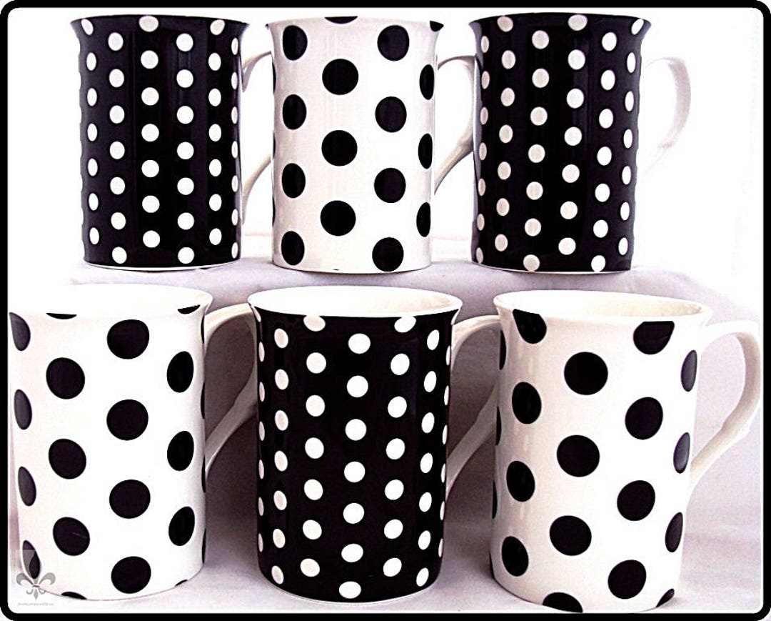Black Dots Spots Fine Bone China Set Six Mugs UK