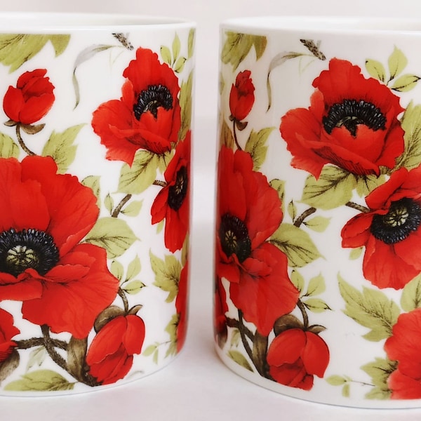 Red Poppy Mugs Set 2 Balmoral Fine Bone China Cups Hand Decorated in UK