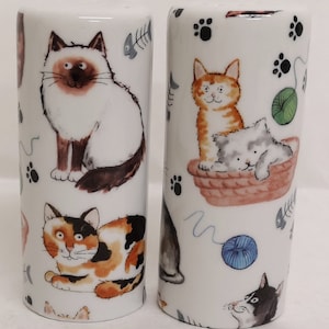 Peut inclure: Deux salières et poivrières en céramique blanche avec des illustrations de chats. L'une présente un chat calico, un chat Ragdoll et des motifs d'arêtes de poisson. L'autre a un chat orange, un chaton gris dans un panier, des empreintes de pattes et de la laine.