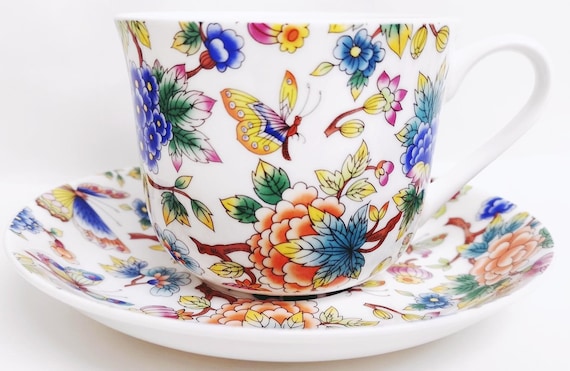 Magic Garden Cup & Saucer Bone China Jumbo 425ml 14.5fl oz Colourful Butterflies and Floral Oriental Garden Breakfast Set Hand Decorated UK