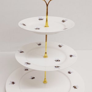 Bees 3 Tier Cake Stand Fine Bone China Bumblee Hand Decorated in UK