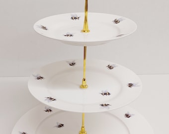 Bees 3 Tier Cake Stand Fine Bone China Bumblee Hand Decorated in UK