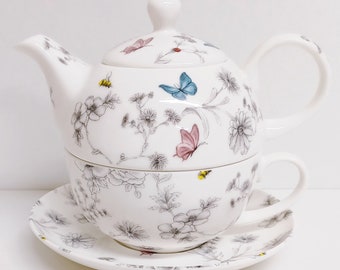 Secret Garden Tea for One Fine Bone China Flowers Butterflies Bees Tea Pot Cup and Saucer Set Hand Decorated UK