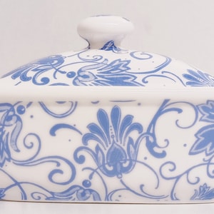 Parisian Blue Butter Dish Bone China Light Blue Floral Swirl Scroll Container Hand Decorated in UK