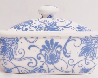 Parisian Blue Butter Dish Bone China Light Blue Floral Swirl Scroll Container Hand Decorated in UK