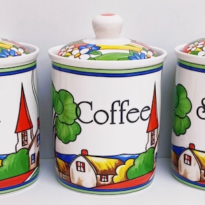 Village Art Deco Tea Coffee Sugar Canisters Fine Bone China Set 3 Exclusive Colourful Countryside Scene Storage Jars Hand Decorated UK