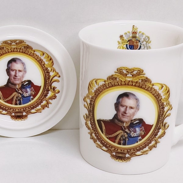 HM King Charles III Mug & Coaster Gift Boxed Fine Bone China Topaz Coronation Commemorative Cup with Matching Lid Hand Decorated UK