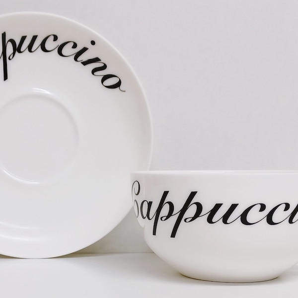 Cappuccino Cup & Saucer White Fine Bone China Simply Wording Cappuccino 300ml 10.5 fl oz Hand Decorated UK