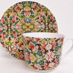 Florentine Breakfast Cup & Saucer Large Fine Bone China 14.5oz Jumbo Set Floral Gold Accents Renaissance Design Hand Decorate in UK