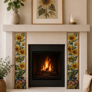 Può includere: Una cornice per camino caratterizzata da due colonne verticali di piastrelle decorative in ceramica. Ogni colonna di piastrelle mostra un vivace motivo a girasoli con steli e foglie verdi, ancorato alla base da un vaso blu pieno di girasoli.