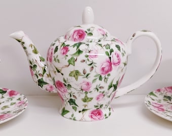 Ivy Rose Pink Tea Set for Two Fine Bone China Teapot 20fl oz  2 Tea Cups and 2 Saucers Pink Roses Flowers Floral Hand Decorated UK