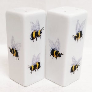 Juego de salero y pimentero de cerámica y porcelana rectangular con forma de abeja, juego de vinagreras con forma de abeja, decorado a mano en el Reino Unido