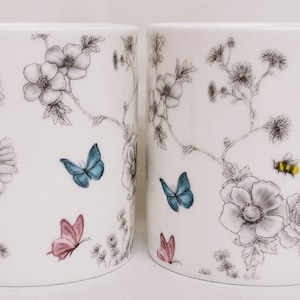 Secret Garden Mugs Set 2 Fine Bone China Large Balmoral 14 oz 400ml Cups Flowers Butterflies Bees Hand Decorated in UK