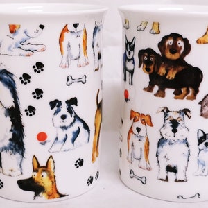 Dogs Mugs Set of 2 Fine Bone China Dog Collage 300 ml Castle Cups Hand Decorated UK
