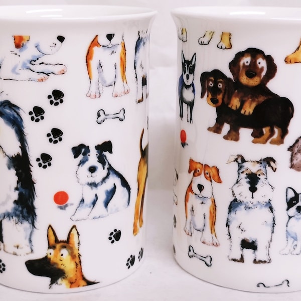 Dogs Mugs Set of 2 Fine Bone China Dog Collage 300 ml Castle Cups Hand Decorated UK