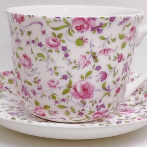 Royal Chelsea Rose Cup & Saucer Fine China 425 ml 14 fl oz Large Jumbo Breakfast Pink Purple Flowers Vintage Floral Set Hand Decorated UK