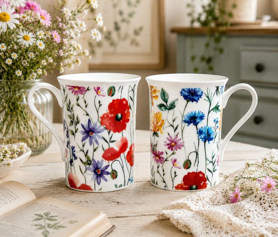 Wildblumenwiesen-Tassen-Set, 2er-Set, Bone China, bunte Blumen, 12 oz (ca. 355 ml), Windsor-Tassen, handdekoriert in Großbritannien