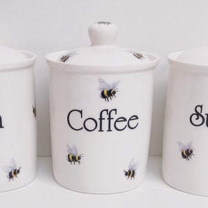 Zestaw pszczół, herbaty, kawy i cukru, 3 puszki, słoiki Bumblebee, ręcznie zdobione, UK