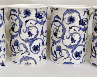 Blue Scroll & Mica Gold Fine Bone China Mugs Set of 4 Baroque Style Cups Hand Decorated UK