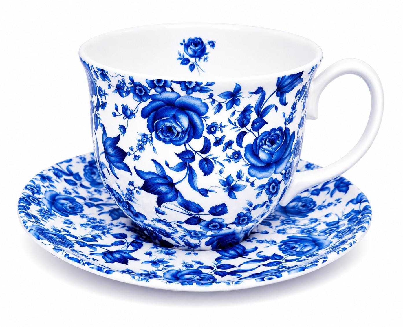 Delft Blue Cup & Saucer Bone China Large Jumbo Blue Flowers Floral