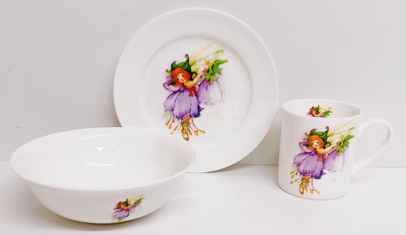 Floral Fairy Violet Purple Breakfast Set 3 Piece Fine Bone China Girls Children Fairies Flowers Plate Mug Cereal Bowl Hand Decorated UK Etsy UK